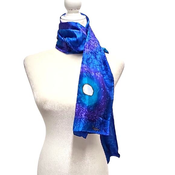 Signed Vibrant Blue Purple Gold White Silk Neck Scarf Gorgeous Floral Design - Picture 5 of 10